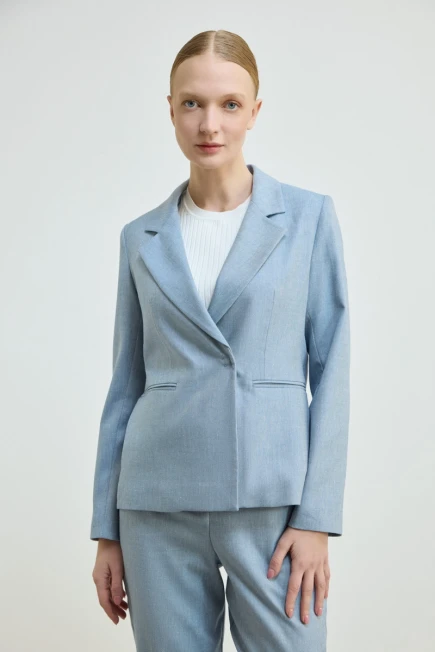 Keten Karışımlı Blazer Ceket Beli Kemerli Sigaret Pantolon - Mavi - 1