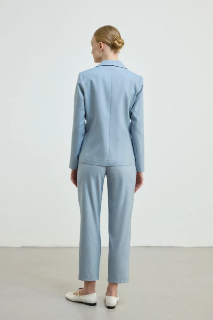 Keten Karışımlı Blazer Ceket Beli Kemerli Sigaret Pantolon - Mavi - 2