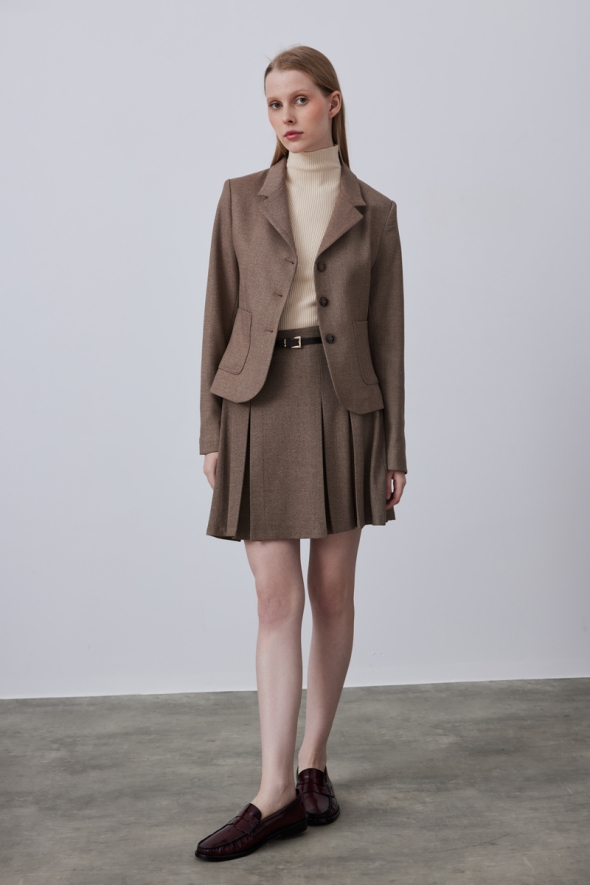 Short Jacket with Pockets and Belted Skirt Set - Brown - 1
