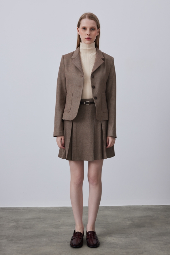 Short Jacket with Pockets and Belted Skirt Set - Brown - 2