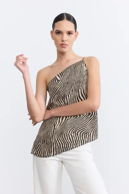 Asimetrik Kesim Zebra Desenli Bluz - Siyah Siyah