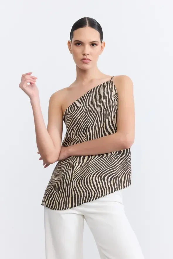 Asimetrik Kesim Zebra Desenli Bluz - Siyah - 1