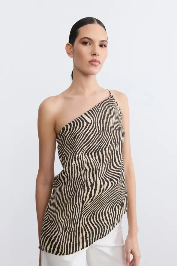Asimetrik Kesim Zebra Desenli Bluz - Siyah - 6