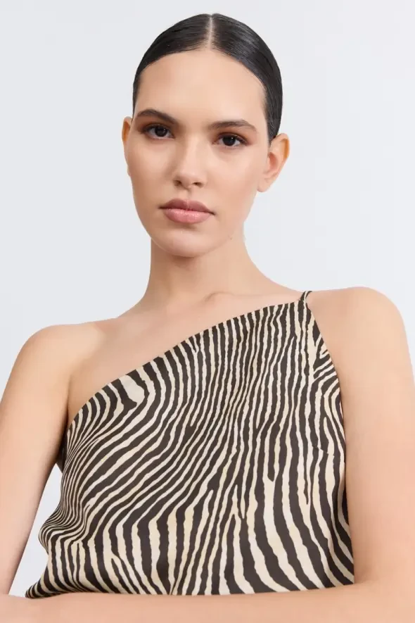 Asimetrik Kesim Zebra Desenli Bluz - Siyah - 8