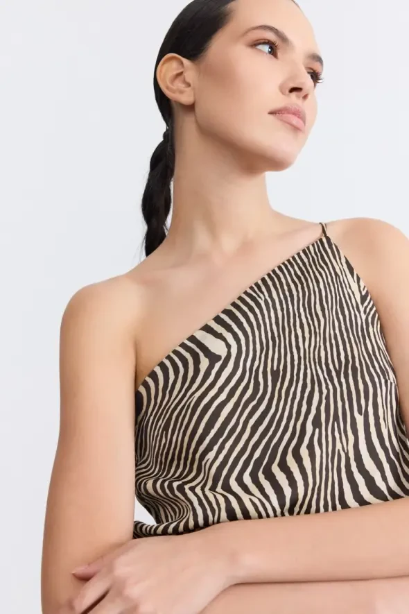 Asimetrik Kesim Zebra Desenli Bluz - Siyah - 10