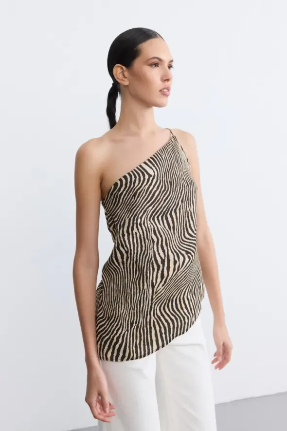 Asimetrik Kesim Zebra Desenli Bluz - Siyah - 12