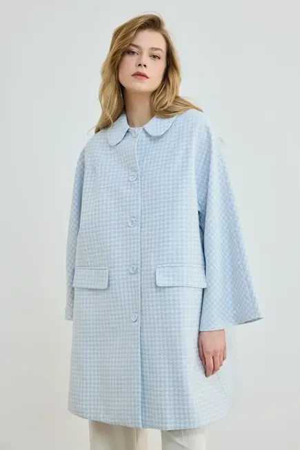 Bebe Yakalı Kazayağı Desenli Kaftan -Mavi Mavi
