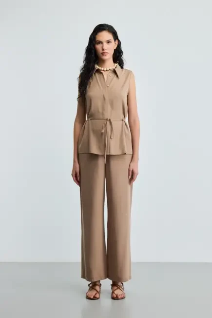 Beli İp Kemerli Tencel Pantolon - Vizon Vizon