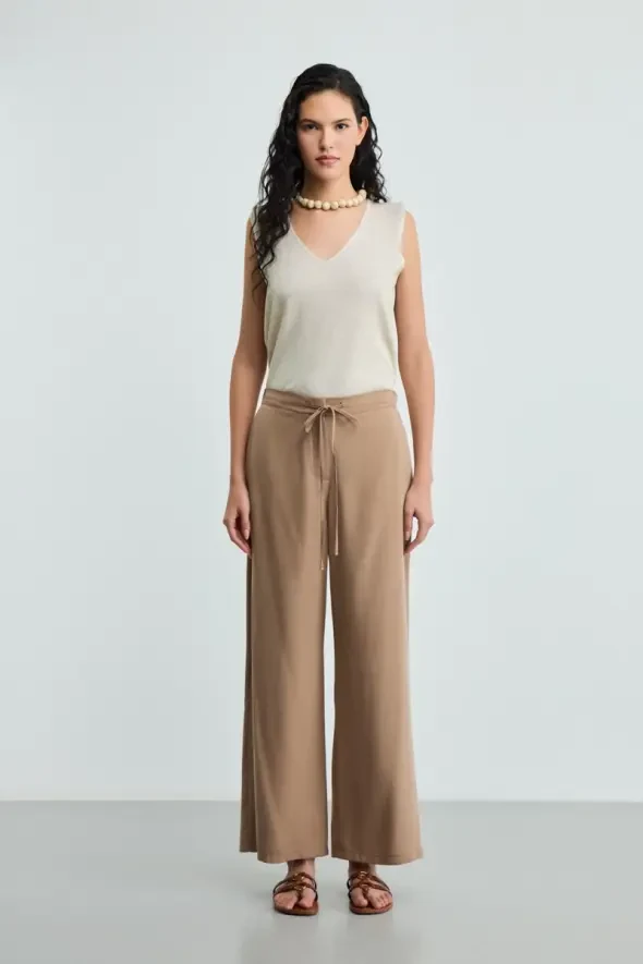 Beli İp Kemerli Tencel Pantolon - Vizon - 2