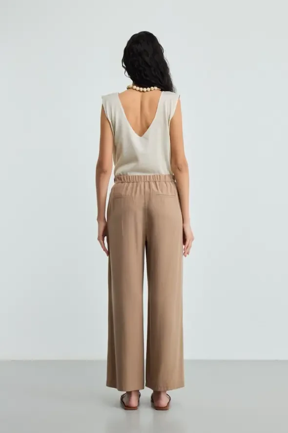 Beli İp Kemerli Tencel Pantolon - Vizon - 4