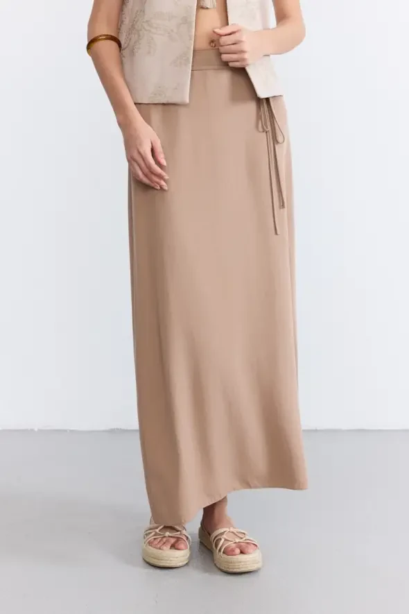 Beli İp Kemerli Uzun Tencel Etek - Vizon - 1