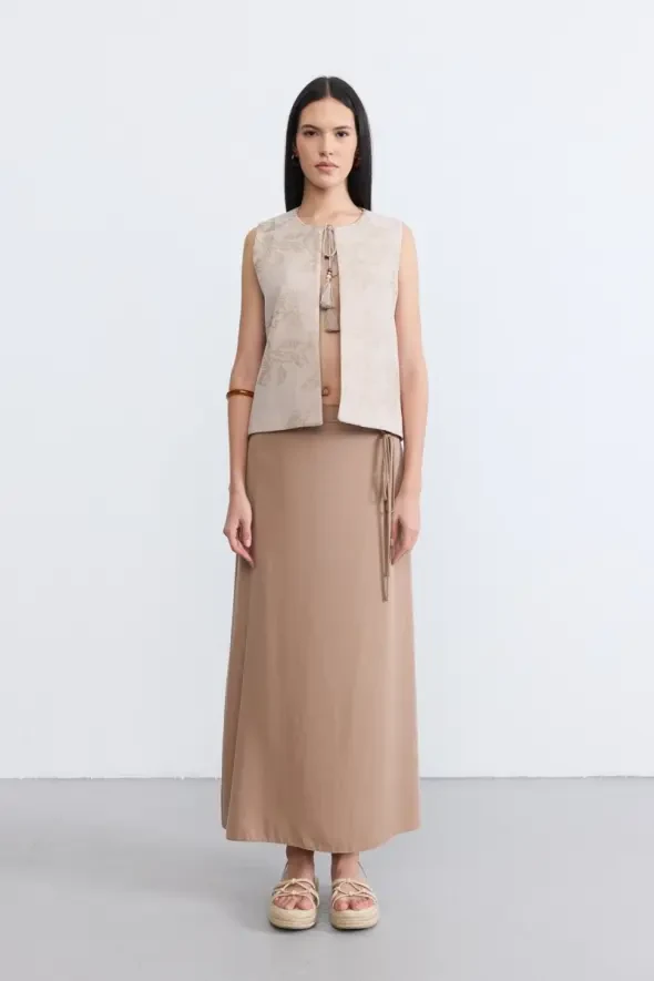 Beli İp Kemerli Uzun Tencel Etek - Vizon - 2