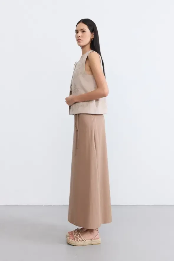 Beli İp Kemerli Uzun Tencel Etek - Vizon - 3