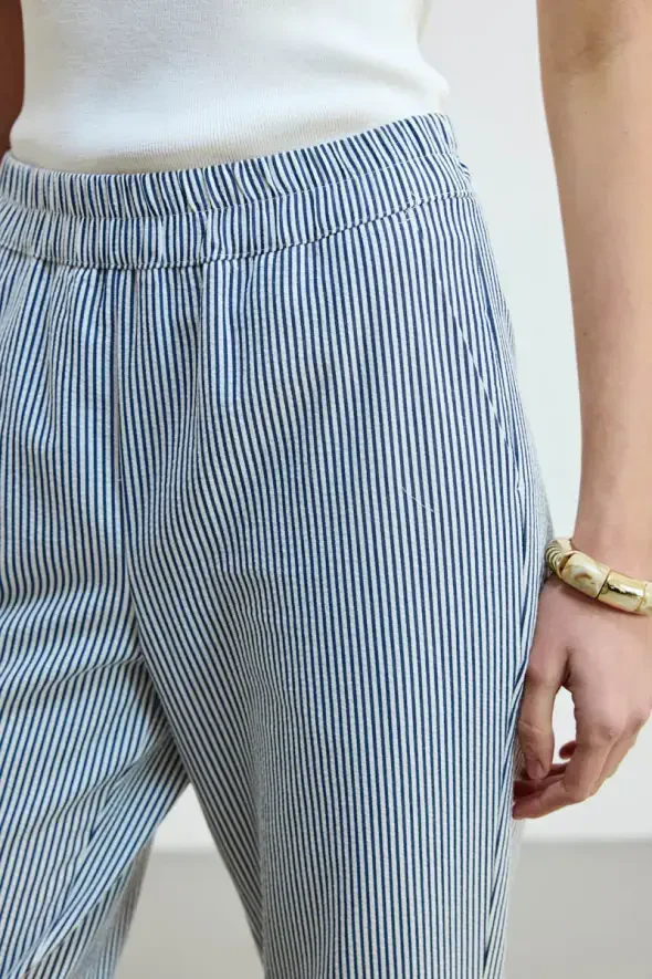 Beli Lastikli Çizgili Pantolon - Lacivert - 4