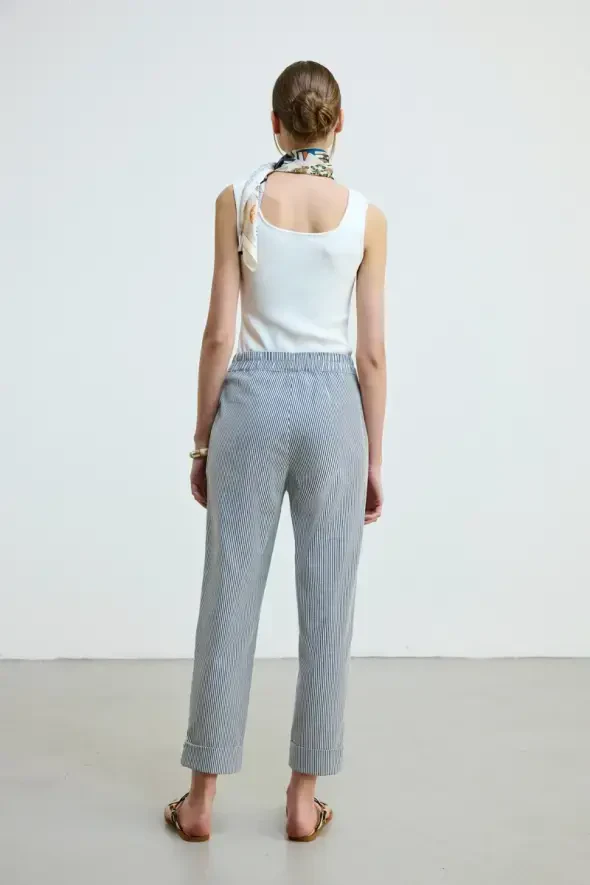 Beli Lastikli Çizgili Pantolon - Lacivert - 5