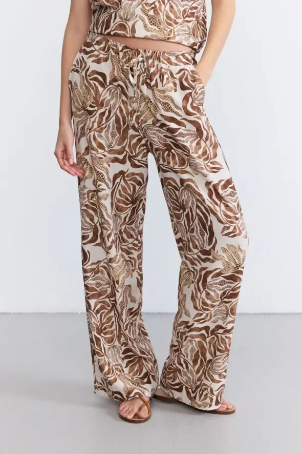 Beli Lastikli Desenli Bol Paça Pantolon - Kahverengi - 2