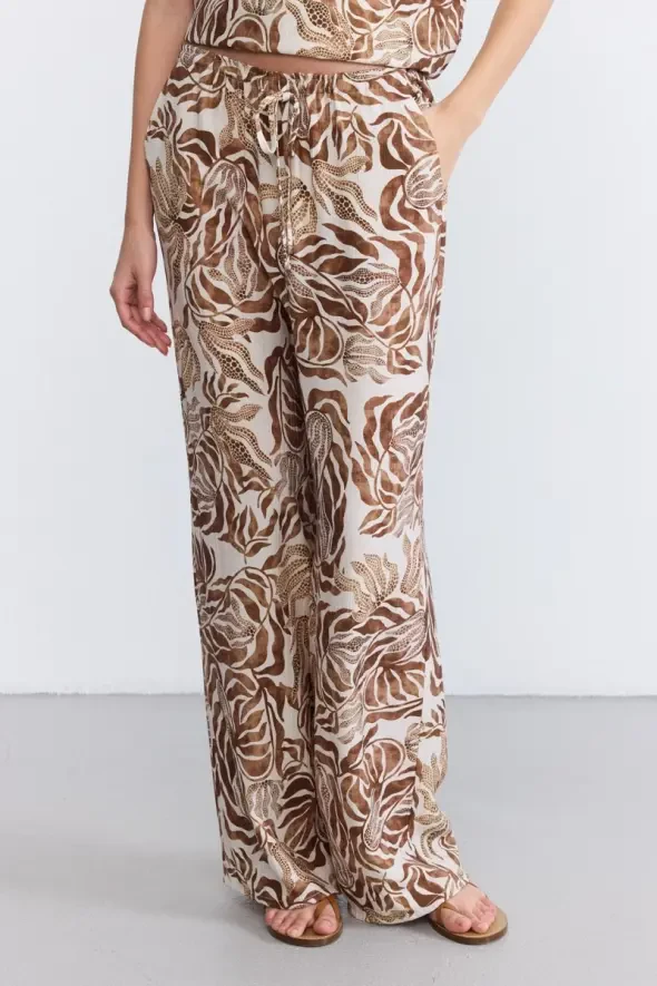 Beli Lastikli Desenli Bol Paça Pantolon - Kahverengi - 3