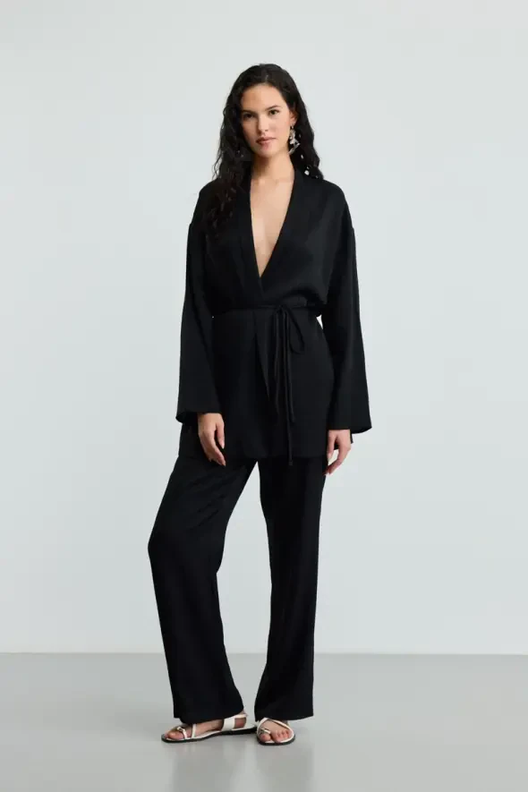 Beli Lastikli Krinkıl Pantolon - Siyah - 1