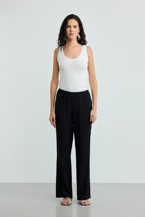 Beli Lastikli Krinkıl Pantolon - Siyah - 2