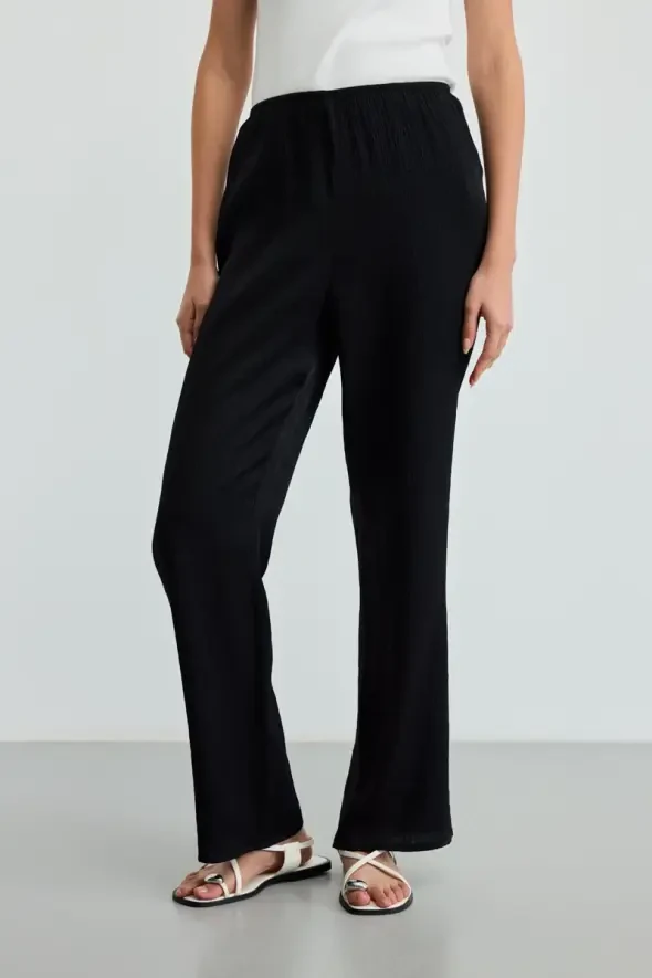 Beli Lastikli Krinkıl Pantolon - Siyah - 3