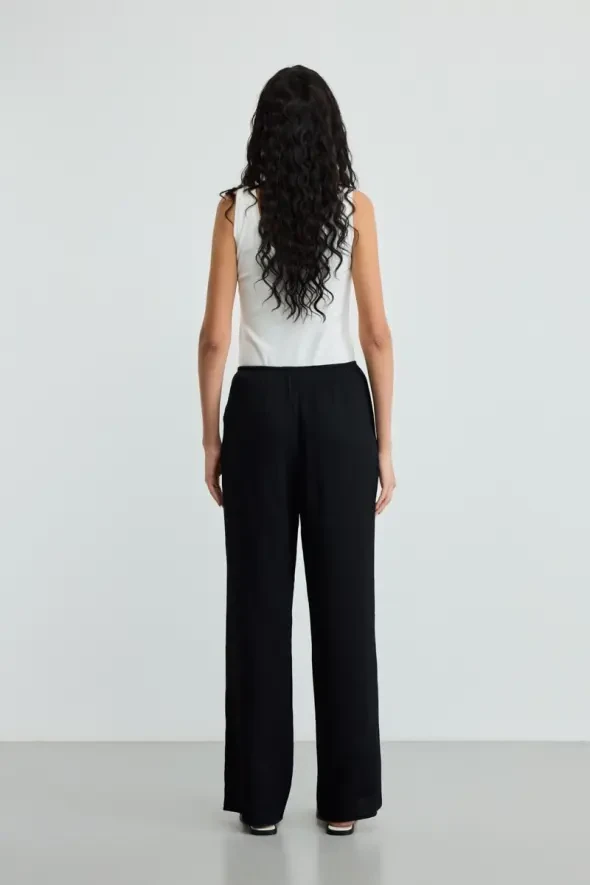 Beli Lastikli Krinkıl Pantolon - Siyah - 5