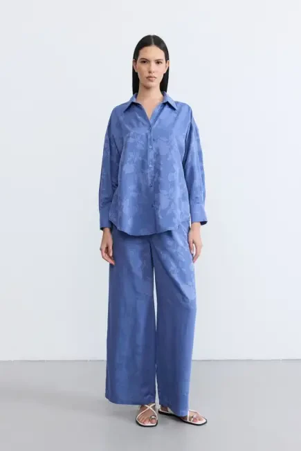 Beli Lastikli Tencel Jakar Pantolon - Mavi Mavi