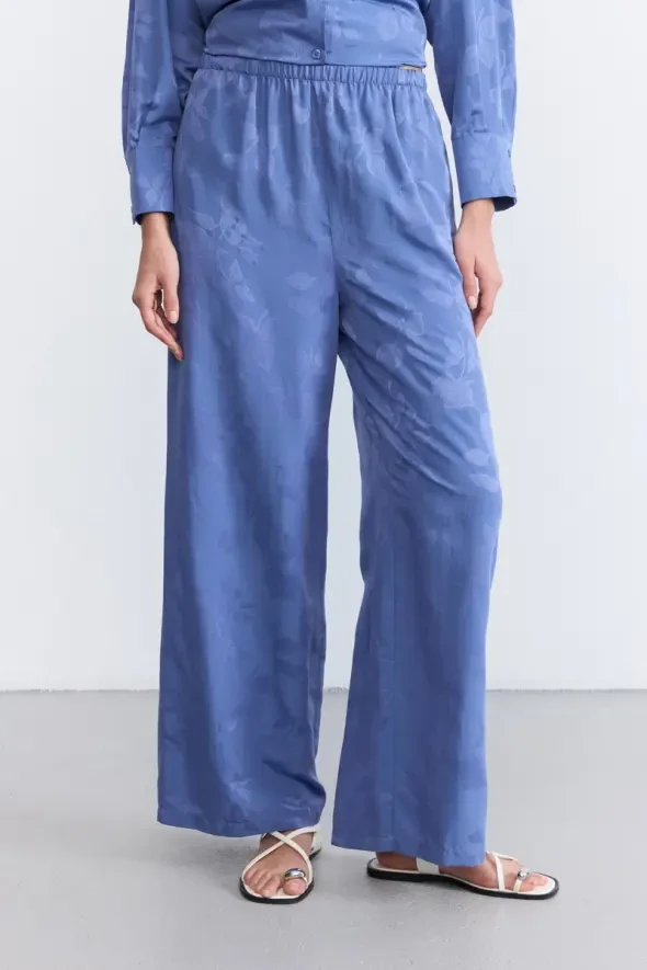 Beli Lastikli Tencel Jakar Pantolon - Mavi - 2