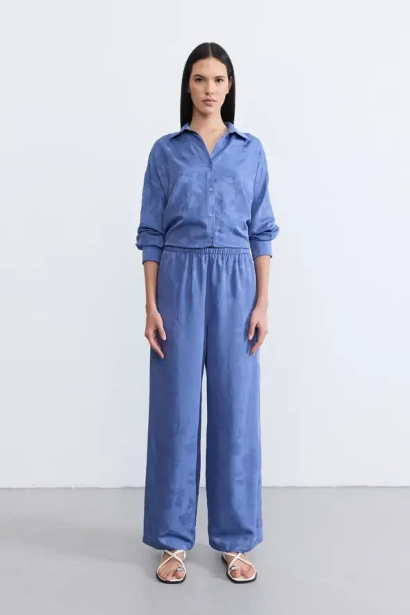 Beli Lastikli Tencel Jakar Pantolon - Mavi - 3