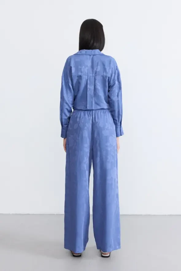 Beli Lastikli Tencel Jakar Pantolon - Mavi - 5