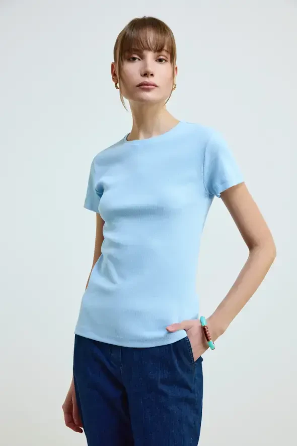 Bisiklet Yaka Pamuk Kaşkorse T-Shirt - Mavi - 1