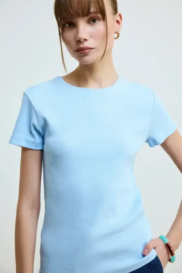 Bisiklet Yaka Pamuk Kaşkorse T-Shirt - Mavi - 4
