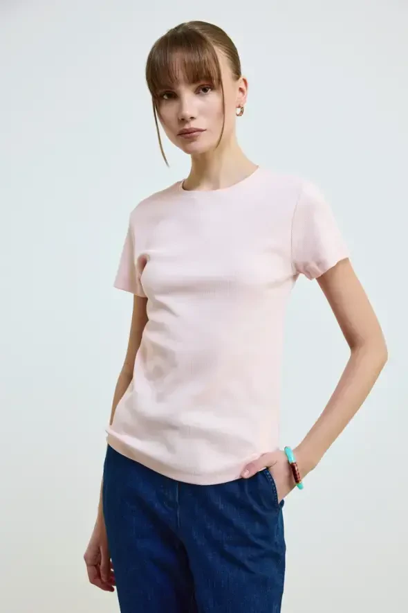 Bisiklet Yaka Pamuk Kaşkorse T-Shirt - Pudra - 1