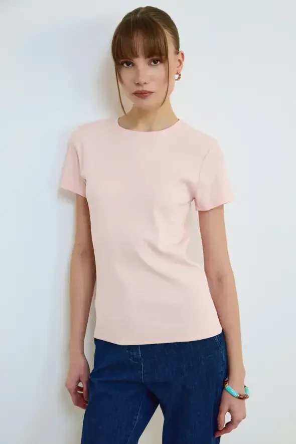 Bisiklet Yaka Pamuk Kaşkorse T-Shirt - Pudra - 4