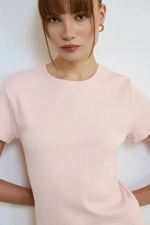 Bisiklet Yaka Pamuk Kaşkorse T-Shirt - Pudra - 5