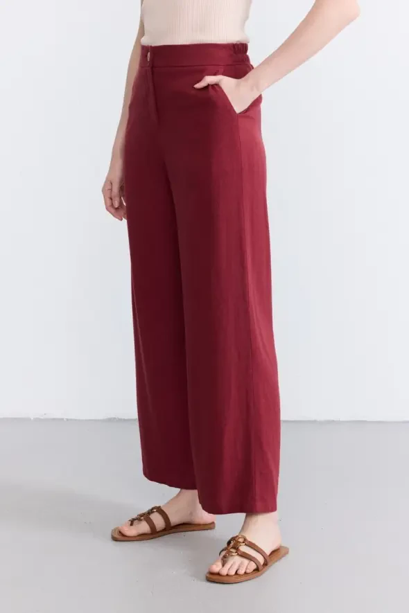 Bol Paça Keten Pantolon - Bordo - 1
