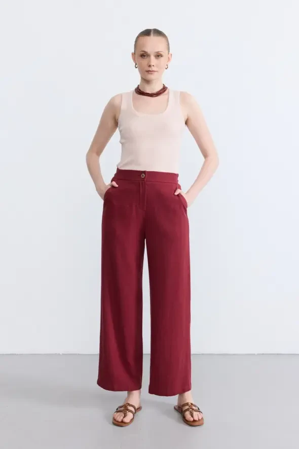 Bol Paça Keten Pantolon - Bordo - 2