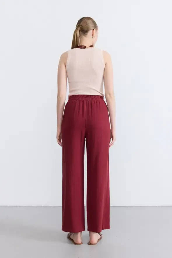 Bol Paça Keten Pantolon - Bordo - 3