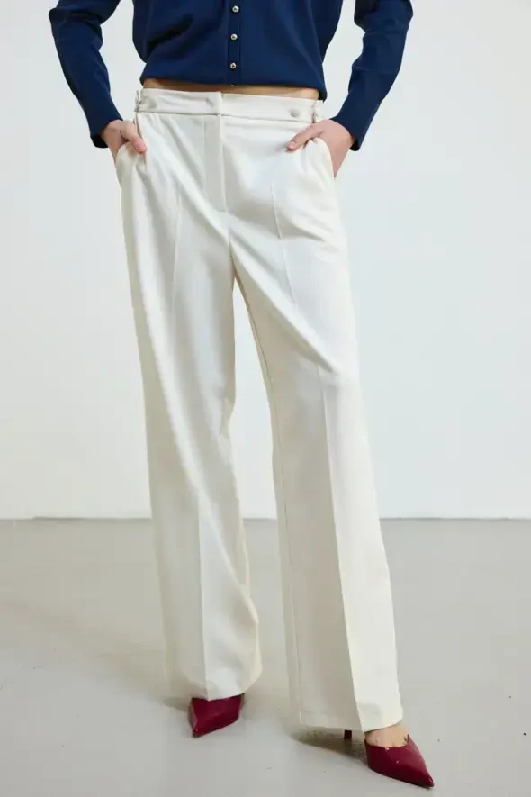 Boru Paça Beli Düğmeli Pantolon - Ekru - 2