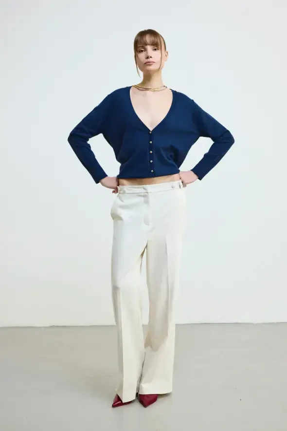 Boru Paça Beli Düğmeli Pantolon - Ekru - 3