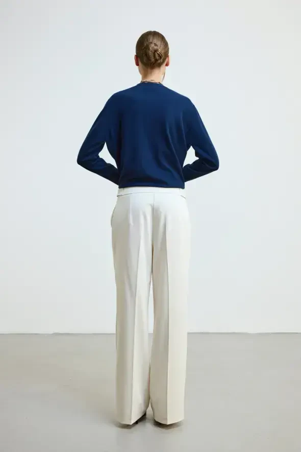 Boru Paça Beli Düğmeli Pantolon - Ekru - 5