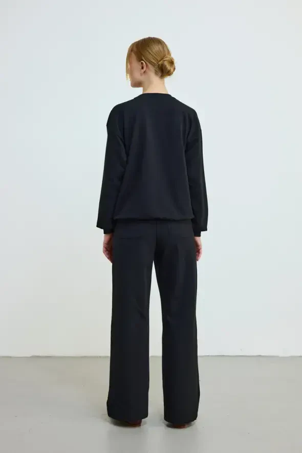 Brode İşlemeli Pamuklu Sweatshirt - Siyah - 4