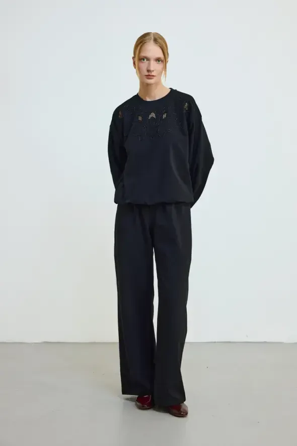 Brode İşlemeli Pamuklu Sweatshirt - Siyah - 2