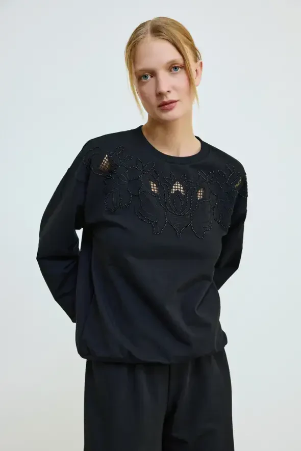Brode İşlemeli Pamuklu Sweatshirt - Siyah - 1