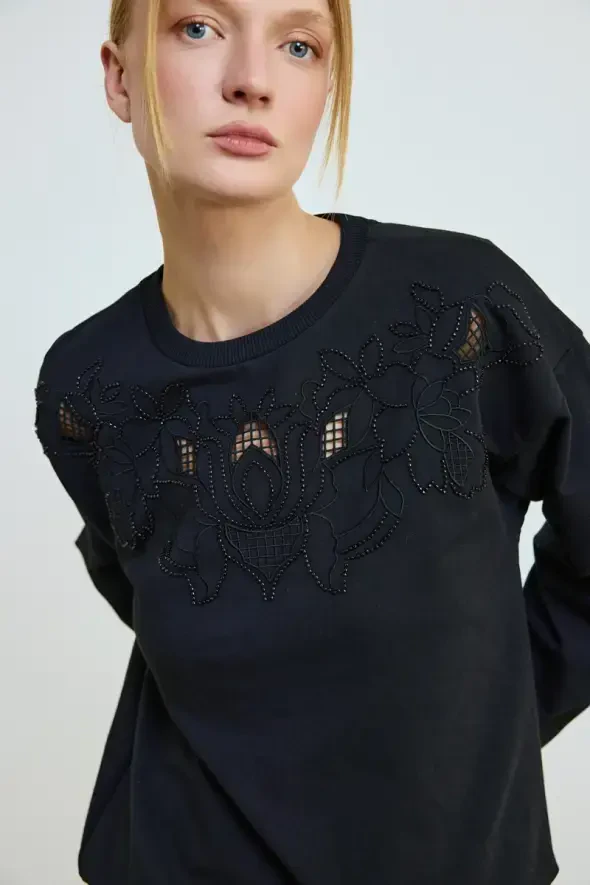 Brode İşlemeli Pamuklu Sweatshirt - Siyah - 3