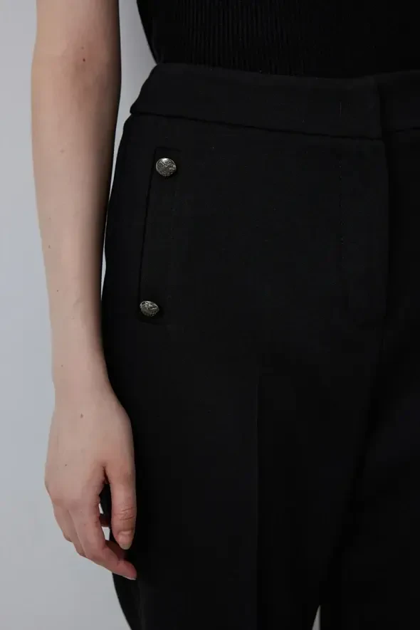 Cepleri Düğmeli Kumaş Pantolon - Siyah - 3