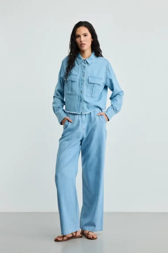 Cepli Tencel Denim Gömlek - Mavi - 2