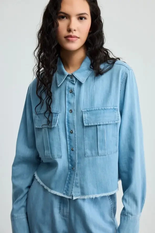 Cepli Tencel Denim Gömlek - Mavi - 1