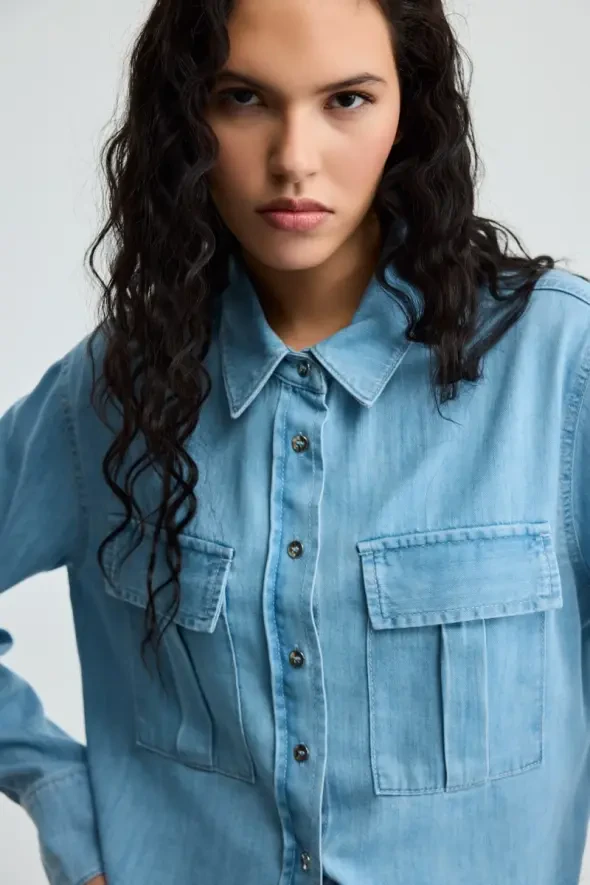 Cepli Tencel Denim Gömlek - Mavi - 3