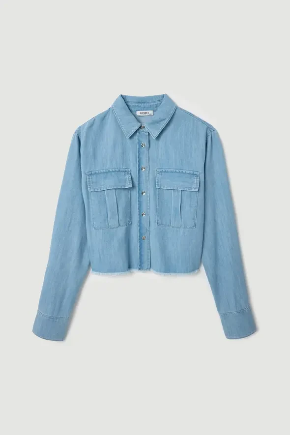 Cepli Tencel Denim Gömlek - Mavi - 5