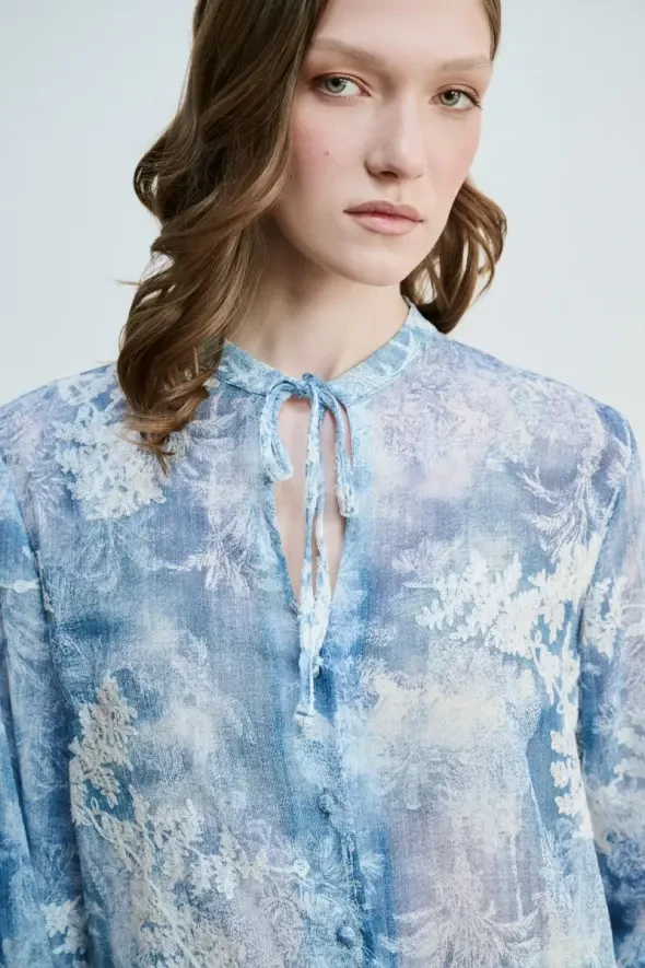 Çiçek Nakışlı Bluz - Mavi - 4